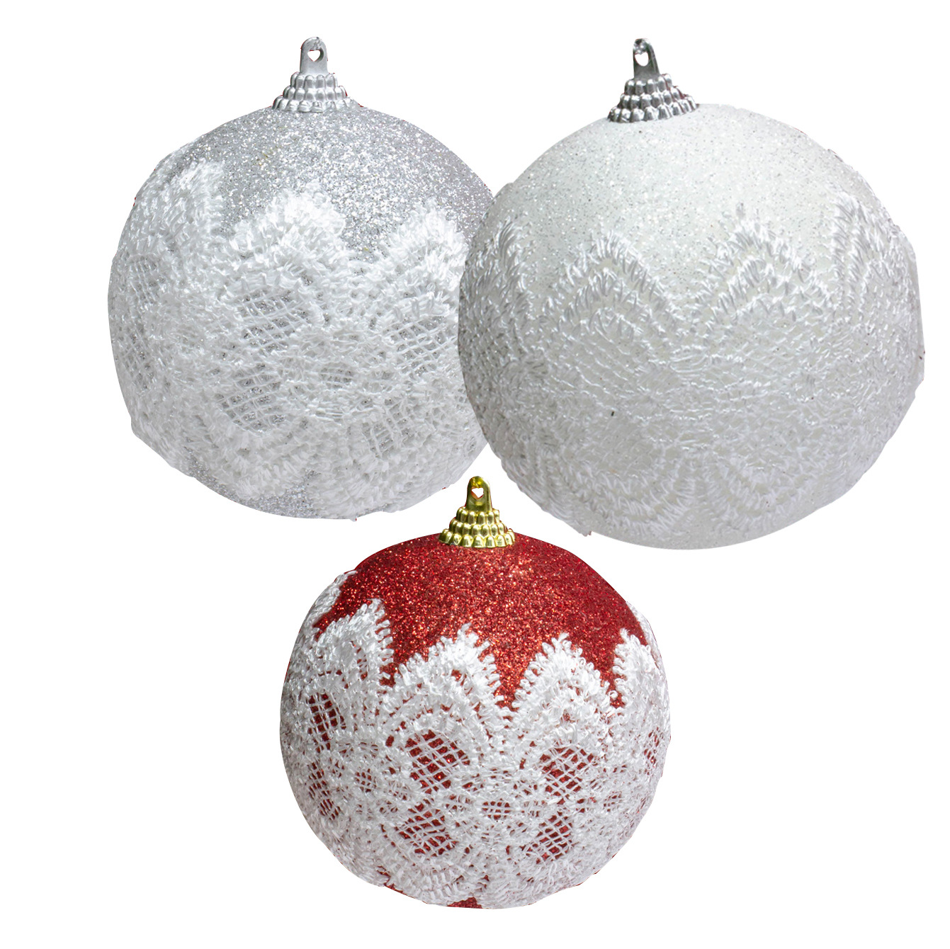 En stock encaje bola Navidad árbol decoraciones exquisito colgante tres colores opcional impreso pequeño colgante 8cm 6 unidades