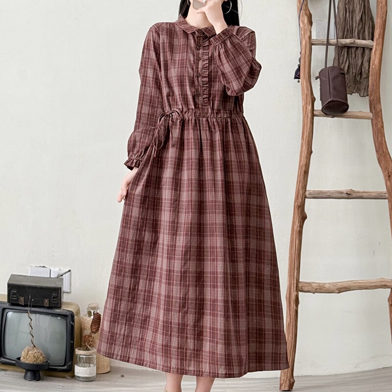 2501 Spring Cotton and Linen Plaid Artistic Drawstring Waist Women's Long Dress, Extra Long Country Style Ladies' Dress