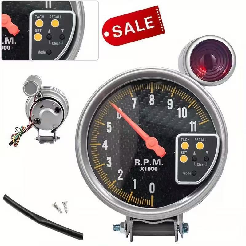 Cross-Border Hot-Selling Product 5inch Car Tachometer with Real Carbon Fiber Surface, Silver Casing, and Alarm Light for Racing Car Modification