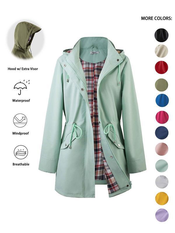 Women's Solid Color Drawstring Zip Up Hooded Trench Coat|undefined