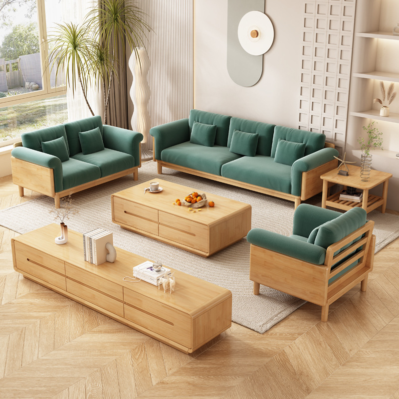 Nordic solid wood fabric sofa living room set Japanese minimalist white cream style furniture small apartment original wood sofa