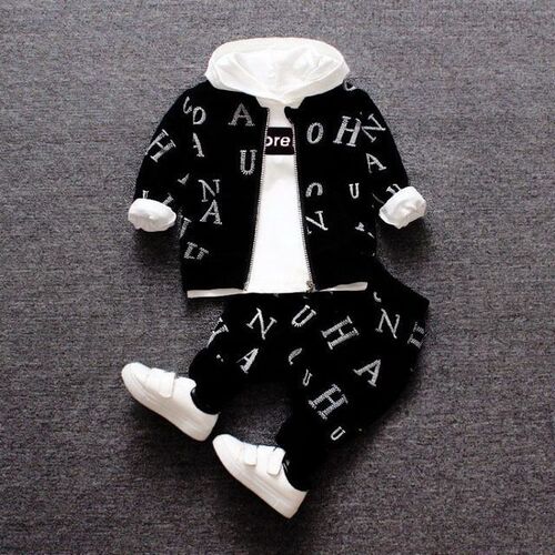 New Spring and Autumn Style Children's Zip-Up Shirt Set of Three for Little Kids, Baby Full Print Letter Hooded Long-Sleeve Sweatshirt Outfit