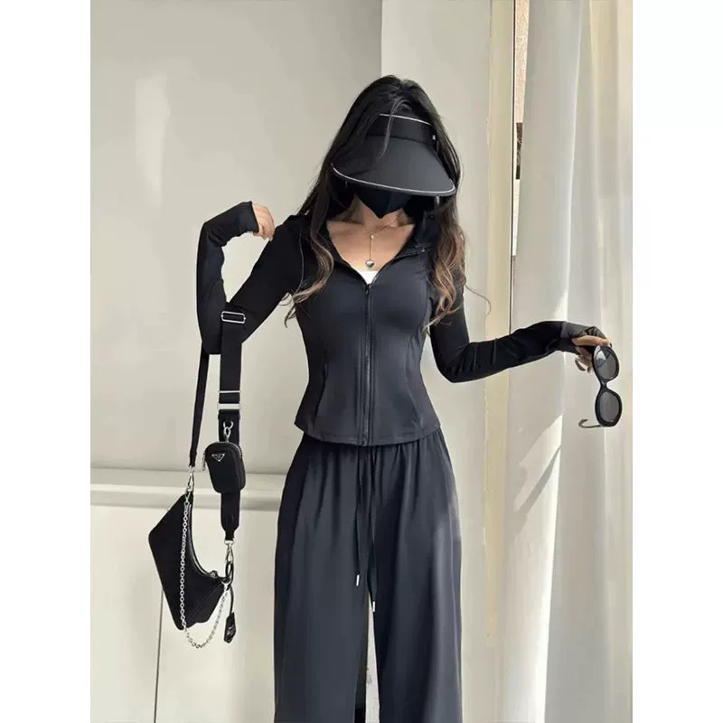 Черный тонкий солнцезащитный костюм из ледяного шелка с капюшоном для женщин, летний шикарный спортивный костюм для йоги с облегающей талией, комплект из двух предметов