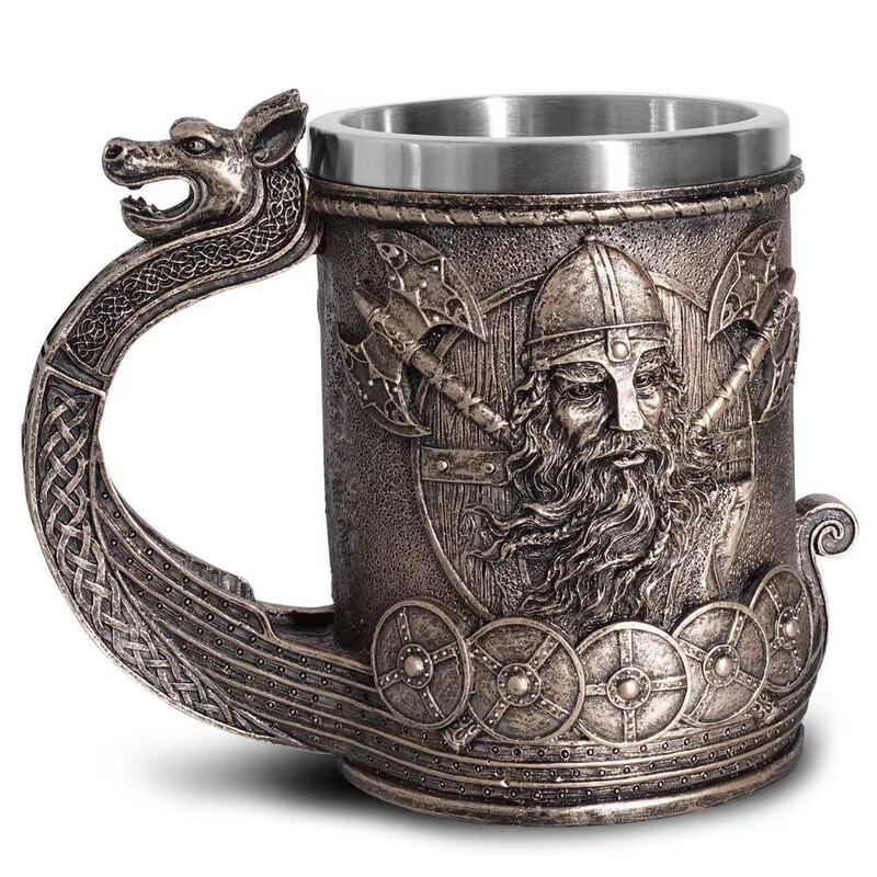 European and American Medieval Viking Beer Mug Creative Large-Capacity Mug Embossed Stainless Steel Bar Beer Mug