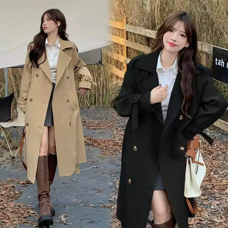 Trench coat for teens, Korean style mid‑length double‑breasted jacket, autumn, khaki and black