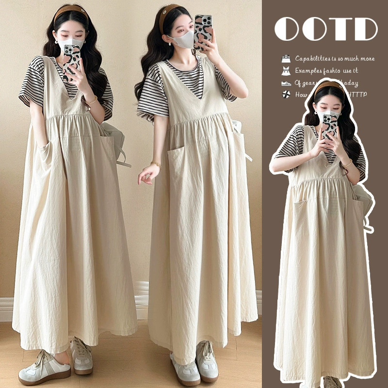 Летний комплект для беременных 2025: новый стильный и модный свободный антивозрастной платье-комбинация с подтяжками, комплект из двух предметов