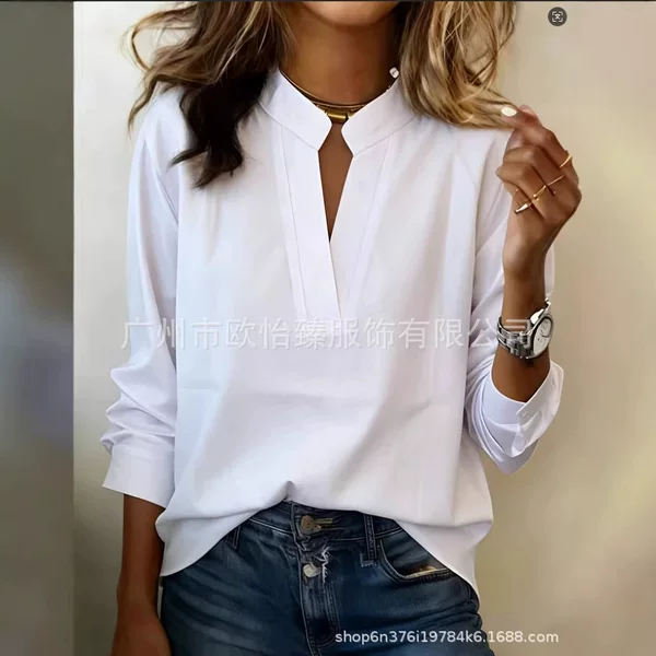 European and American Independent Websites Amazon Aliexpress 2026 Spring New Solid Color Minimalist V-Neck Cotton Shirt Top