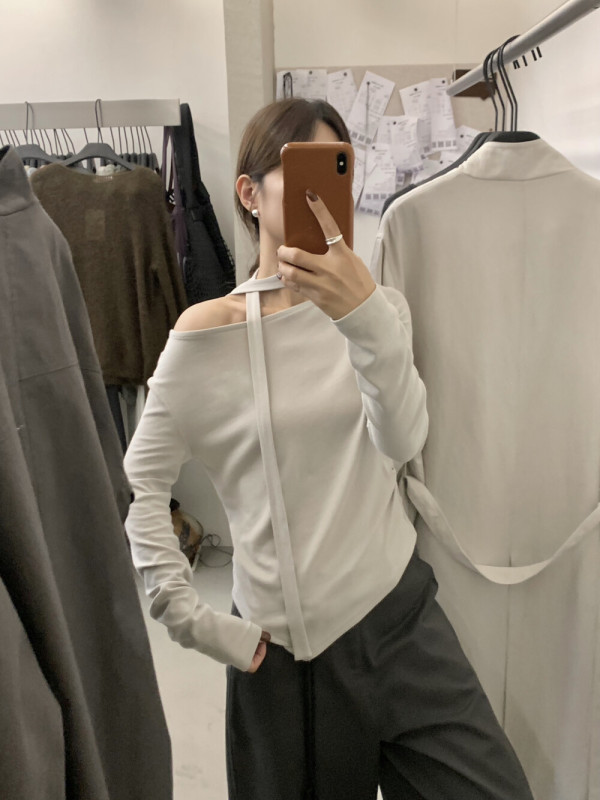 MISS密思家2025秋季气质温柔风不规则下摆飘带长袖T恤女打底上衣|undefined