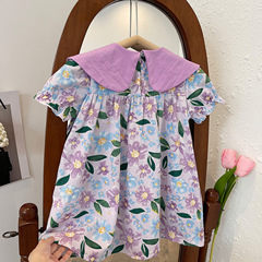 2024夏季新款韓版洋氣女童大翻領碎花連衣裙女寶寶可愛薄棉公主裙