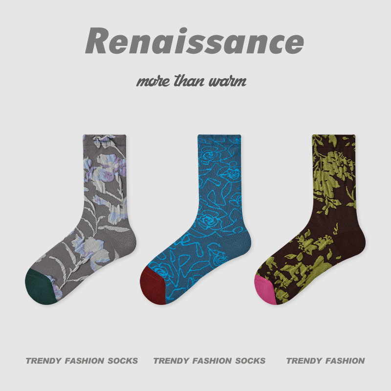 ルネッサンス新中国風秋 2025 新しいチェック柄花柄ミッドカーフソックス ins 文学ファッション女性の靴下