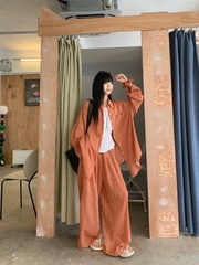 慵懒风穿搭褶皱宽松薄款长袖开衫阔腿休闲裤女2025夏季新款套装潮