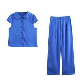 2024夏wish亚马逊eBay蓝色娃娃领短袖衬衫+长裤两件套