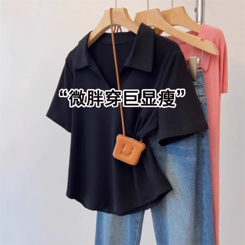 Black Polo Collar Short-Sleeve T-Shirt for Women, 2026 New Summer Style, Plus-Size Loose Fit, Versatile, Regular Shoulder, Slimming Top Black Polo Collar Short-Sleeve T-Shirt for Women, 2026 New Summer Style, Plus-Size Loose Fit, Versatile, Regular Shoulder, Slimming Top