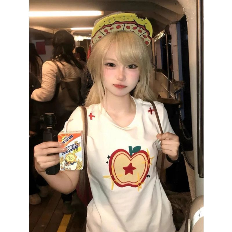 Sweet and Spicy Style Towel Embroidered Short Sleeve T-Shirt for Women, American Retro Little Apple Short Sleeve T-Shirt for Women, Summer Regular Shoulder Slim Fit