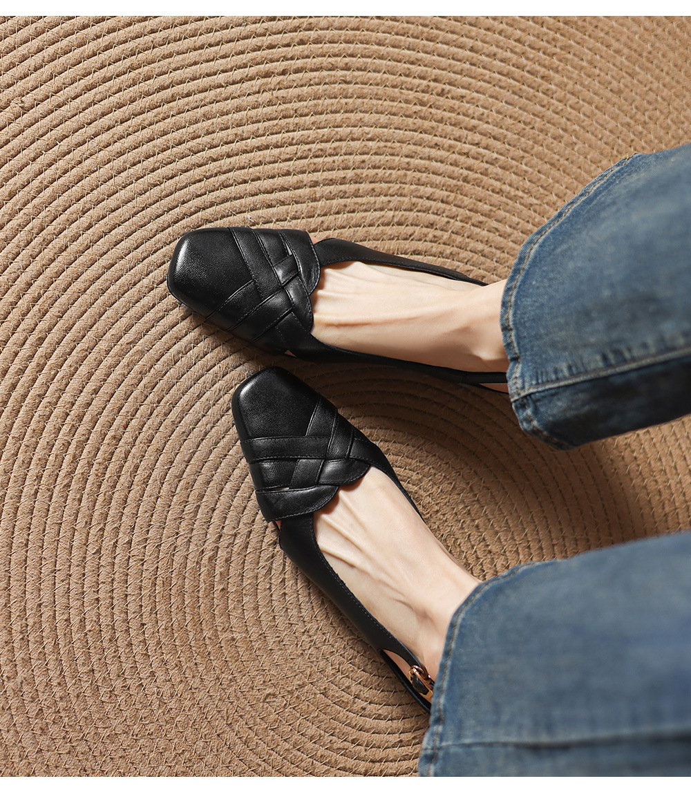 Sandal nữ da cừu mũi nhọn quai ngang gót vuông 6 cm — đen chi tiết 15