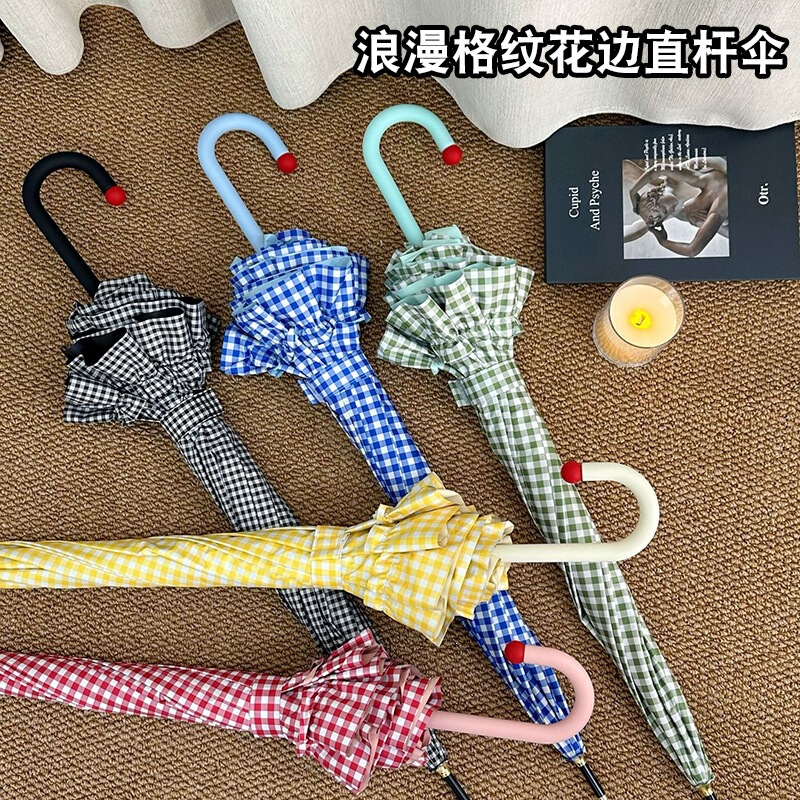 Girly Style Plaid Lace Sunshade Princess Long-Handle Umbrella Sun Umbrella Manufacturer Wholesale in Stock with Printed Text Girly Style Plaid Lace Sunshade Princess Long-Handle Umbrella Sun Umbrella Manufacturer Wholesale in Stock with Printed Text