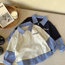 儿童长袖T恤2025春秋儿童日系假两件上衣男童春季长袖T恤格子翻领