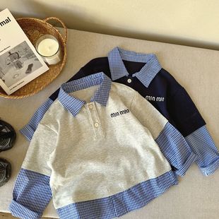 Children's Long-Sleeved T-Shirt 2025 Spring & Fall Kidsren's Japanese Style Fake Two-Piece Tops Boys Spring Long-Sleeved T-Shirt Plaid Lapel