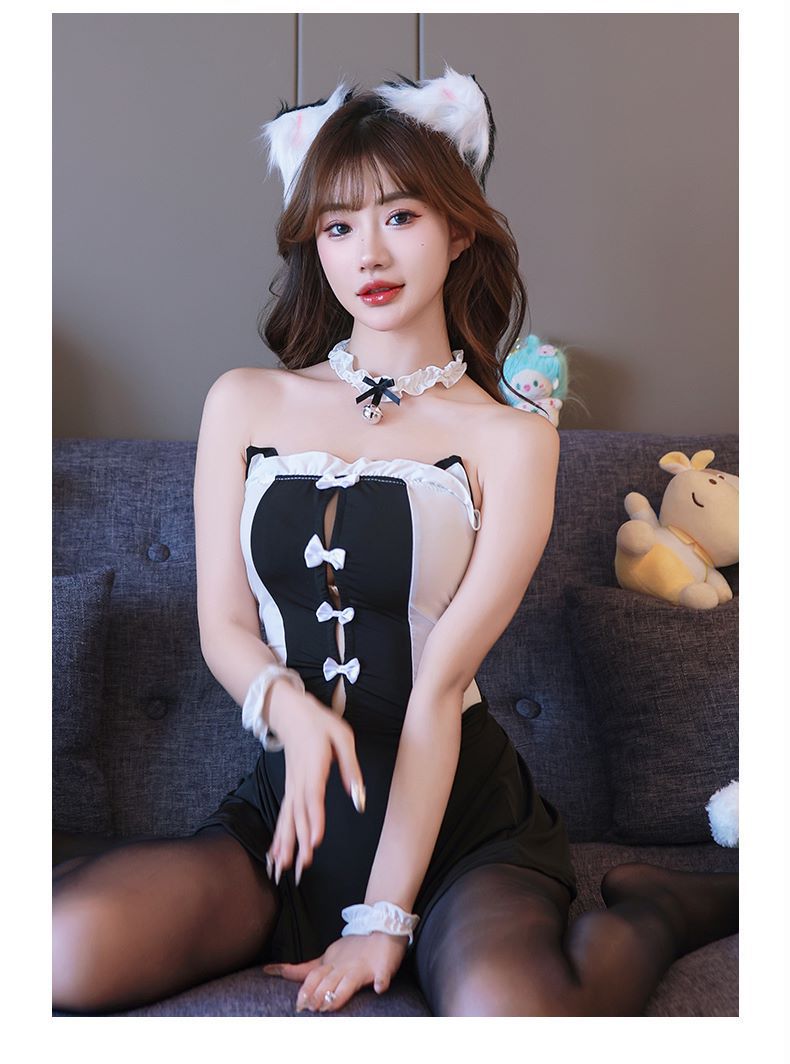 Cat Girl Maid Costume Set with Hip Skirt, Cat Ears and Connected Stockings — detail image 4