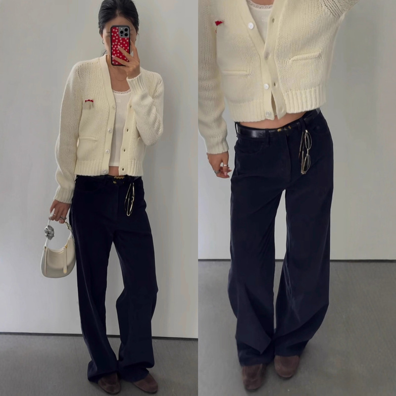 Ce Corduroy Navy Blue Women's Jeans High-Waisted Fashionable Loose Slimming Wide Straight-Leg Pants 2026 Spring New Style