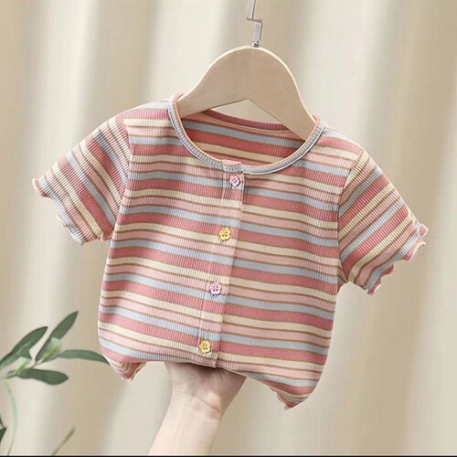 Girls' Short-Sleeve T-Shirt Summer Children Striped Fresh Street Style Baby Girls' Short-Sleeve Thin Top