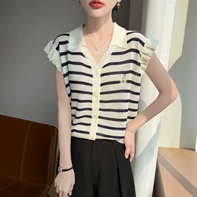 2026 Spring/Summer New Bamboo Knit Lapel Vest Cardigan with Ruffled Edges and Color-Block Striped Embroidery for Women