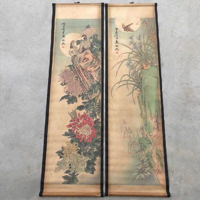 Banqiao Paintings Merlin, bamboo and chrysanthemum Birds and Flowers Four screen Chudo Hanging picture household a living room The main room decorate Antique paintings