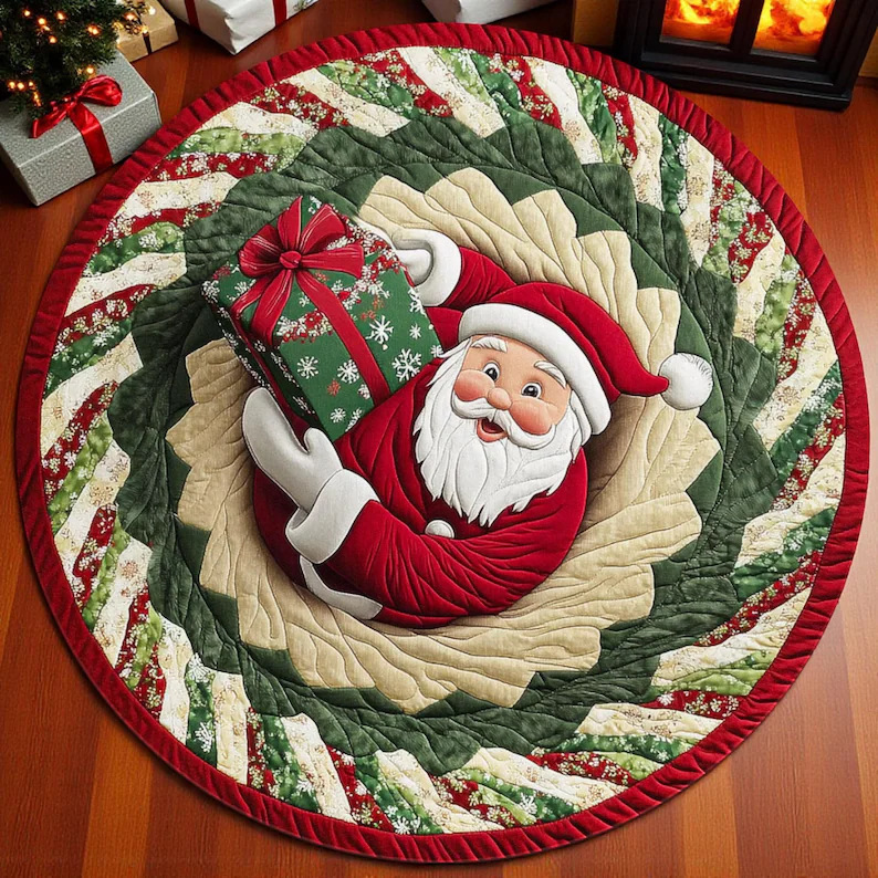 Rond tapijt met kerstmanmotief voor de grensoverschrijdende kerst, geschikt voor de woonkamer, vlekbestendig, feestdecoratie en als banktapijt._voghion.com