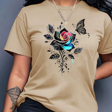 2025欧美跨境女士玫瑰花2D印花短袖圆领夏T恤休闲女上衣现货