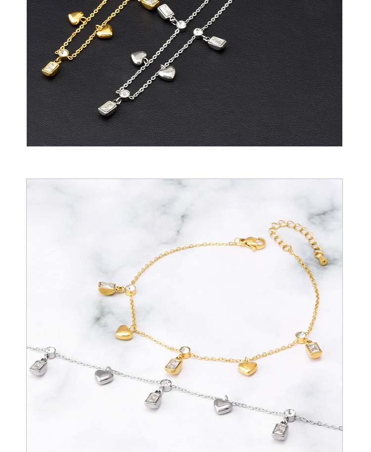 Fashion Square Heart Shape Titanium Steel Inlaid Zircon Womenu0027S Anklet 1 Piece