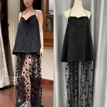 现货/高级感网纱蕾丝拼接连衣裙女V领小野猫性感吊带镂空长裙