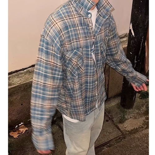 American Retro Flannel Plaid Long-Sleeve Shirt for Men and Women Spring and Autumn Accordion Pocket Leisure Style Couple Shirt Jacket Trendy