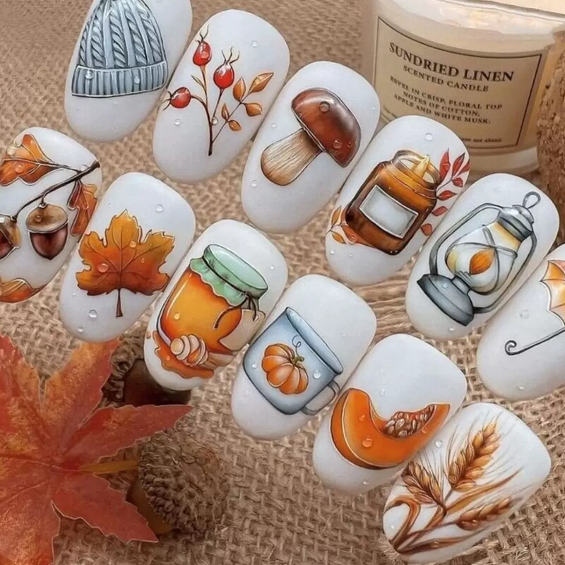Cross-Border New Nail Art Stickers Autum Golden Fallen Maple Leaves Pumpkin Animal Nail Water Transfer Stickers