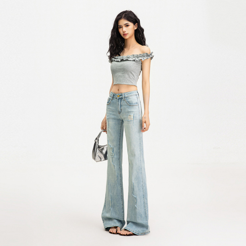 2026 verano nuevo azul claro de cintura alta micropantalones jeans de tamaño grande rectas delgadas pantalones de agujero de moda