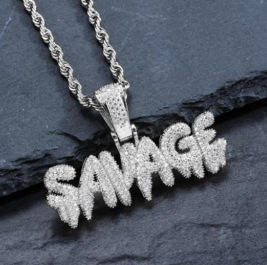 hip hop bubble letters SAVAGE necklace brass gold pendant jewelry_ipsvogv.com