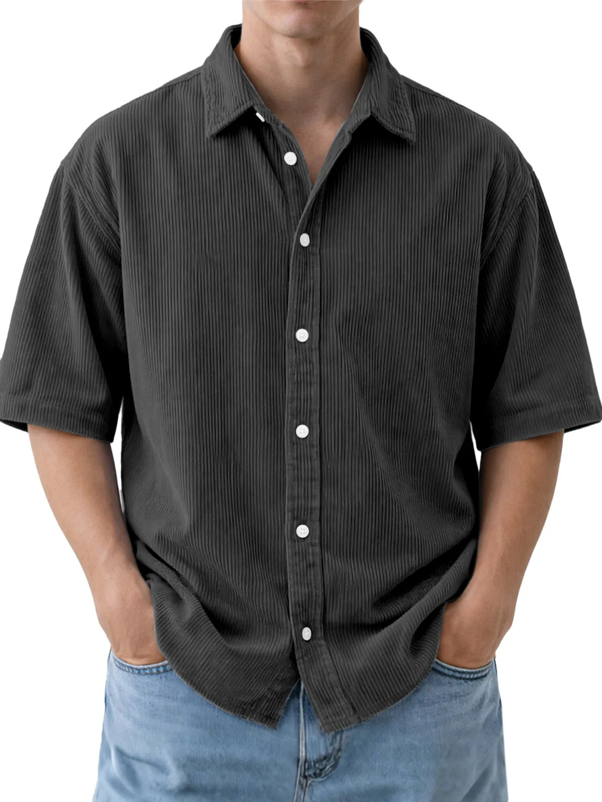 2026 Summer Retro Shirts: Casual Loose-Fitting Solid Color Corduroy Polo With Flap Collar For Men_viptrois.com