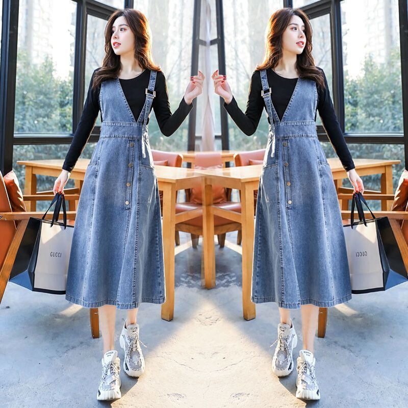 Fashionable denim suspender dress for women, spring and autumn style, versatile, slimming, mid-length, Korean version, loose-fitting denim dress Fashionable denim suspender dress for women, spring and autumn style, versatile, slimming, mid-length, Korean version, loose-fitting denim dress