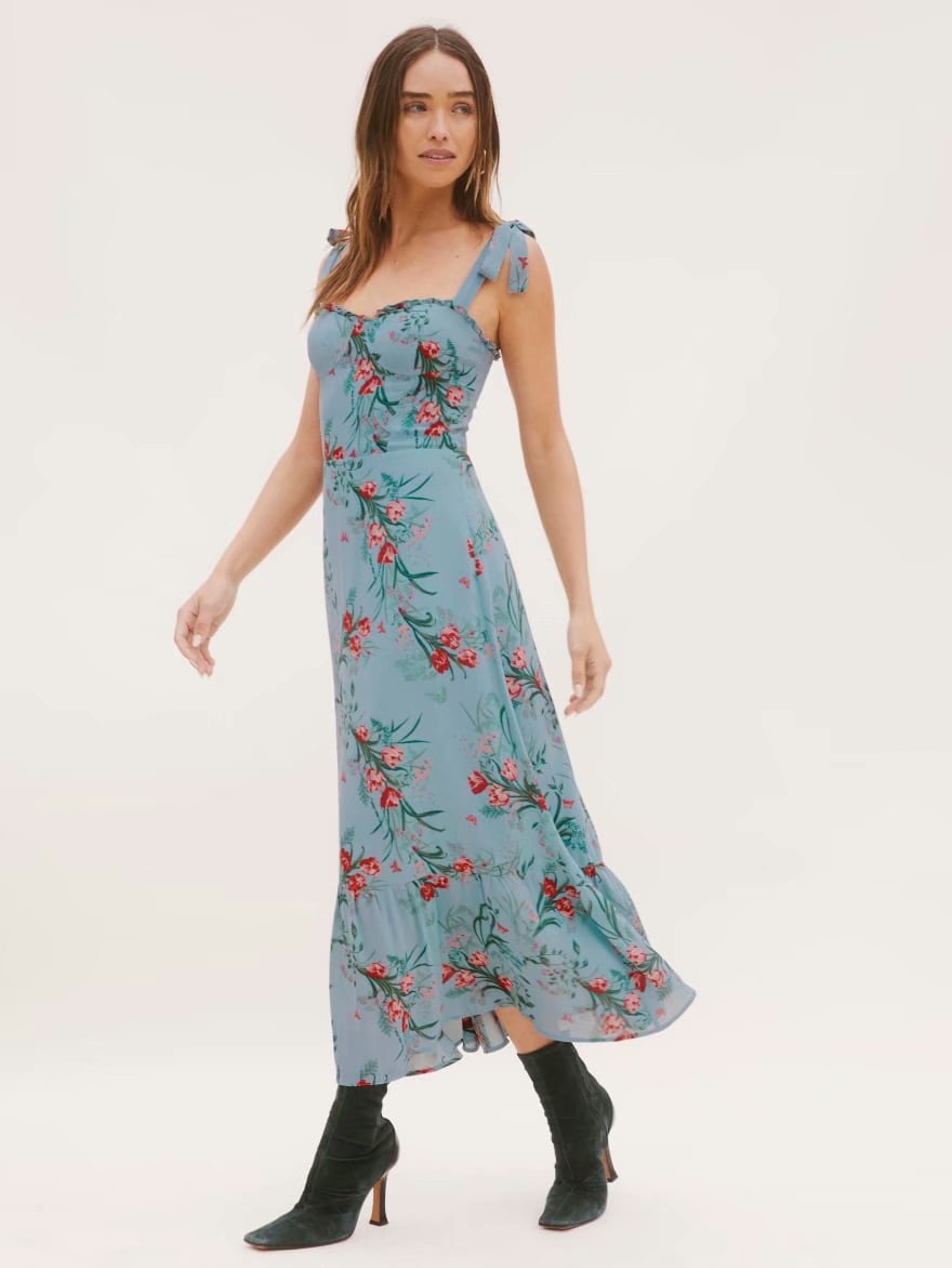 spring ruffled print suspender long skirt  NSAM36352