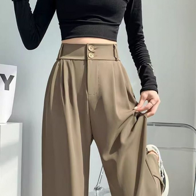 2025年春の新作女性用ナローワイドレッグパンツダブルボタンスーツパンツロングバージョン背の高い人向けクロスボーダーワンピース|undefined