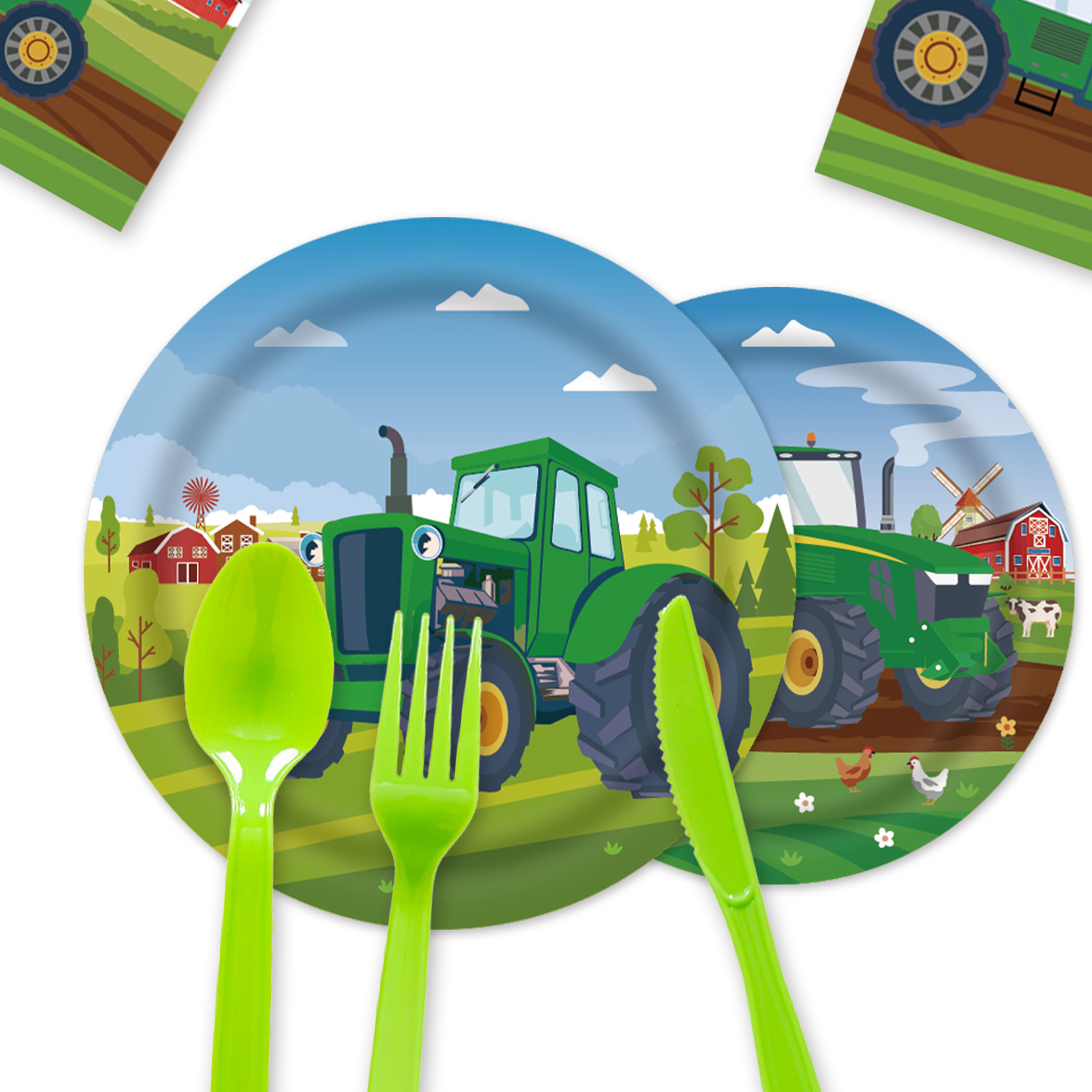 Juego de mantel con tema de tractor de fiesta de granja, comida de cumpleaños de coche, bandeja de papel desechable, taza de papel, mantel de toalla de papel