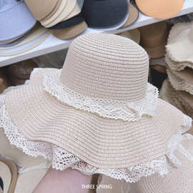 批发韩国2025年新款蕾丝花边拉菲草草帽夏季海边度假大帽檐太阳帽