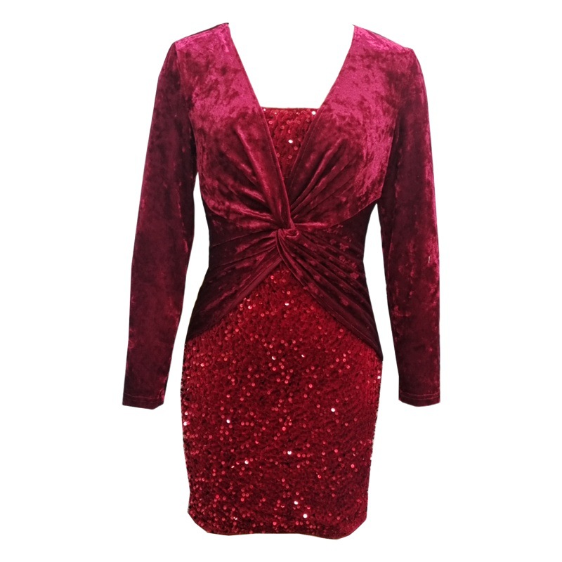 Europeo y Americano de Primavera y Otoño de comercio exterior de las nuevas mujeres de Amazon de manga larga de lentejuelas slim fit vaina apretado vestido de banquete