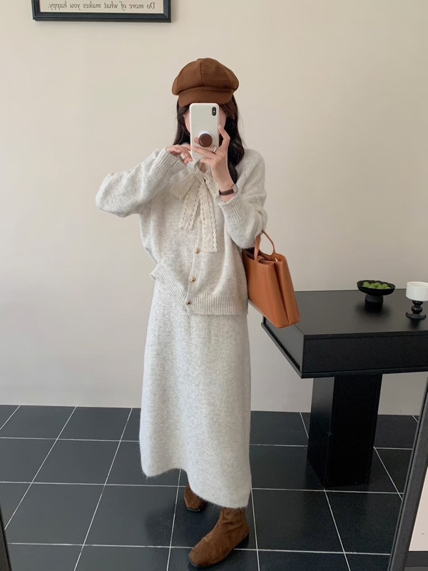 蕾丝系带开衫+半身裙高档两件套2025秋冬新款羊驼绒高质量套装裙|undefined
