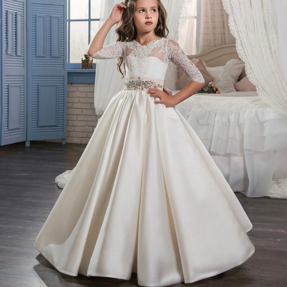 Nueva frontera europea y americana retro satén flor niña vestido de novia diamante encaje arco encaje largo pettiskirt