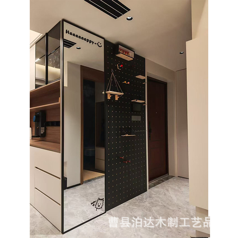 Minimalist entryway wooden perforated board, eco-friendly board for home use, wall-mounted clothes rack, no-drill storage shelf, perforated board display screen