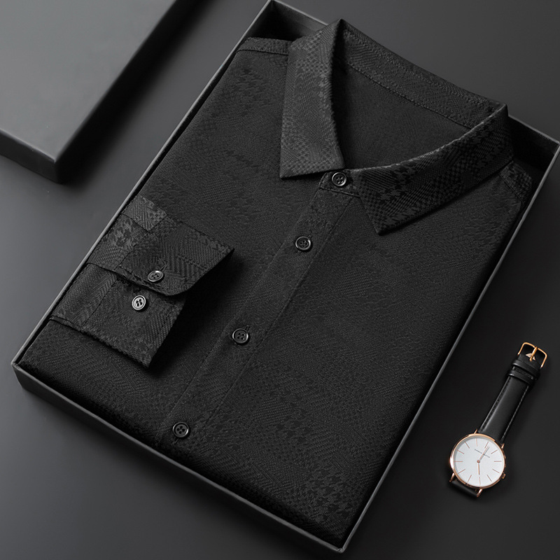 Áo sơ mi nam dài tay lụa tơ tằm cao cấp họa tiết jacquard không cần ủi — CS13 trắng