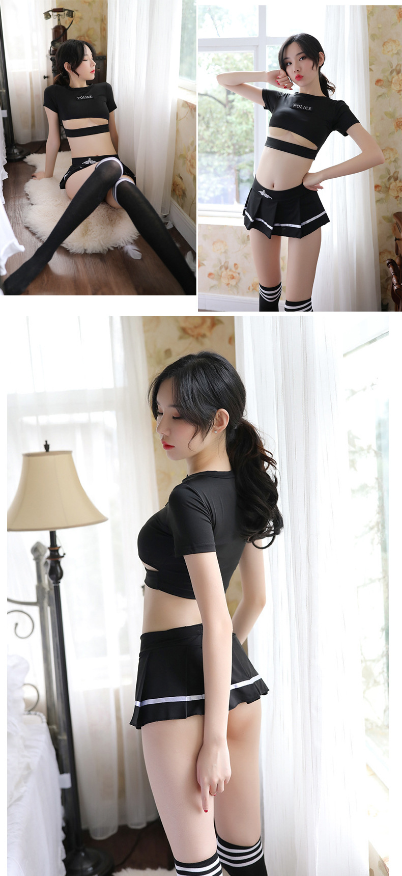 Student Role Play Lingerie Set with Top, Skirt, Thong and Striped Socks — detail image 5