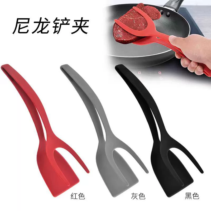 (Утолщенная версия) Нейлоновая лопатка и щипцы 2-в-1 для жарки яиц и поджаривания хлеба, позволяют держать лопатки и переворачивать блины, устойчивы к высоким температурам.