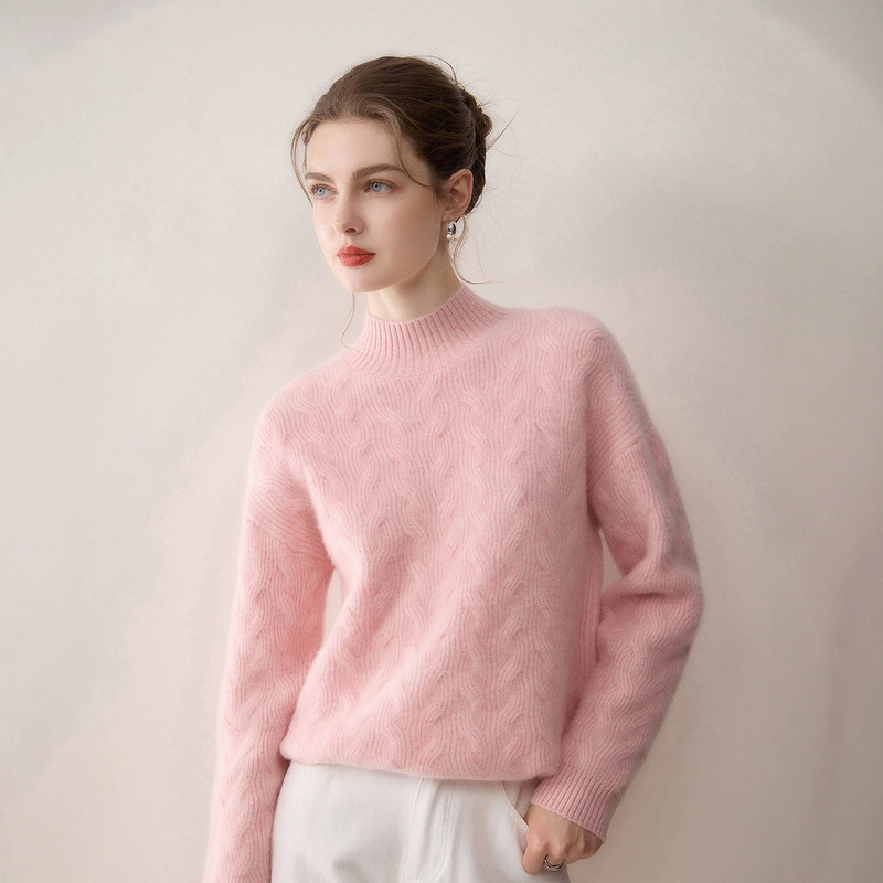 Cashmere sweater with seven-needle double-twist pattern, pure cashmere, women's half-high collar knitted base shirt, loose fit, slimming, thickened sweater