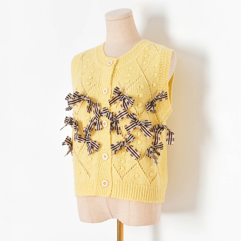 Kadın Giyim Erken Sonbahar Yeni Üç Boyutlu Fiyonk Kalın İğne Yuvarlak Yaka Kolsuz Örme Hırka Yelek Kadın Kolsuz_voghion.com